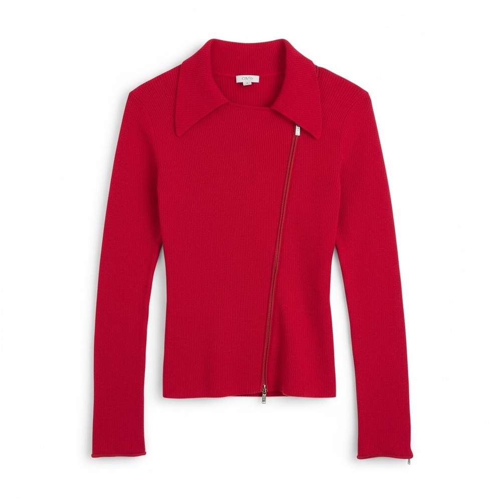 Cache Red Asymmetrical Zip Ribbed Knit Sweater